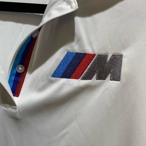 White BMW golf polo with BMW M logo & stripes